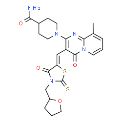 ChemSpider 2D Image | 1-(9-Methyl-4-oxo-3-{(Z)-[4-oxo-3-(tetrahydro-2-furanylmethyl)-2-thioxo-1,3-thiazolidin-5-ylidene]methyl}-4H-pyrido[1,2-a]pyrimidin-2-yl)-4-piperidinecarboxamide | C24H27N5O4S2