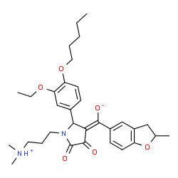ChemSpider 2D Image | (E)-{1-[3-(Dimethylammonio)propyl]-2-[3-ethoxy-4-(pentyloxy)phenyl]-4,5-dioxo-3-pyrrolidinylidene}(2-methyl-2,3-dihydro-1-benzofuran-5-yl)methanolate | C32H42N2O6