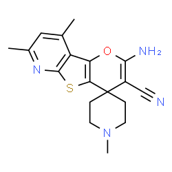ChemSpider 2D Image | 2'-Amino-1,7',9'-trimethylspiro[piperidine-4,4'-pyrano[2',3':4,5]thieno[2,3-b]pyridine]-3'-carbonitrile | C18H20N4OS