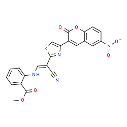 ChemSpider 2D Image | Methyl 2-({(E)-2-cyano-2-[4-(6-nitro-2-oxo-2H-chromen-3-yl)-1,3-thiazol-2-yl]vinyl}amino)benzoate | C23H14N4O6S