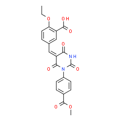 ChemSpider 2D Image | 2-Ethoxy-5-[(E)-{1-[4-(methoxycarbonyl)phenyl]-2,4,6-trioxotetrahydro-5(2H)-pyrimidinylidene}methyl]benzoic acid | C22H18N2O8
