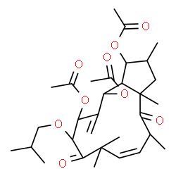 ChemSpider 2D Image | 10-Isobutoxy-2,3a,5,8,8-pentamethyl-12-methylene-4,9-dioxo-2,3,3a,4,5,8,9,10,11,12,13,13a-dodecahydro-1H-cyclopenta[12]annulene-1,11,13-triyl triacetate | C31H46O9