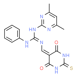 ChemSpider 2D Image | 1-(4,6-Dimethyl-2-pyrimidinyl)-2-[(4,6-dioxo-2-thioxotetrahydro-5(2H)-pyrimidinylidene)methyl]-3-phenylguanidine | C18H17N7O2S