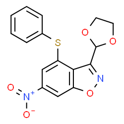 ChemSpider 2D Image | 3-[1,3]Dioxolan-2-yl-6-nitro-4-phenylsulfanyl-benzo[d]isoxazole | C16H12N2O5S