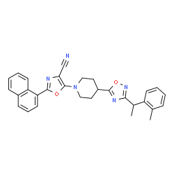 ChemSpider 2D Image | 5-(4-{3-[1-(2-Methylphenyl)ethyl]-1,2,4-oxadiazol-5-yl}-1-piperidinyl)-2-(1-naphthyl)-1,3-oxazole-4-carbonitrile | C30H27N5O2
