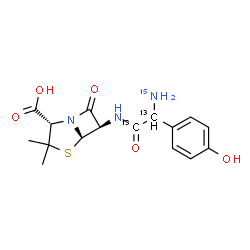 ChemSpider 2D Image | (2S,5R,6R)-6-{[2-(~15~N)Amino-2-(4-hydroxyphenyl)(~13~C_2_)ethanoyl]amino}-3,3-dimethyl-7-oxo-4-thia-1-azabicyclo[3.2.0]heptane-2-carboxylic acid | C1413C2H19N215NO5S