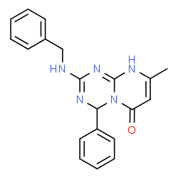 ChemSpider 2D Image | 2-(Benzylamino)-8-methyl-4-phenyl-4,9-dihydro-6H-pyrimido[1,2-a][1,3,5]triazin-6-one | C20H19N5O
