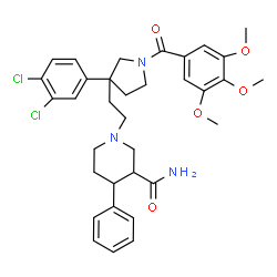 ChemSpider 2D Image | 1-{2-[3-(3,4-Dichlorophenyl)-1-(3,4,5-trimethoxybenzoyl)-3-pyrrolidinyl]ethyl}-4-phenyl-3-piperidinecarboxamide | C34H39Cl2N3O5