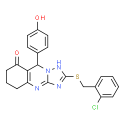 ChemSpider 2D Image | 2-[(2-Chlorobenzyl)sulfanyl]-9-(4-hydroxyphenyl)-5,6,7,9-tetrahydro[1,2,4]triazolo[5,1-b]quinazolin-8(1H)-one | C22H19ClN4O2S