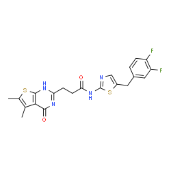 ChemSpider 2D Image | N-[5-(3,4-Difluorobenzyl)-1,3-thiazol-2-yl]-3-(5,6-dimethyl-4-oxo-1,4-dihydrothieno[2,3-d]pyrimidin-2-yl)propanamide | C21H18F2N4O2S2