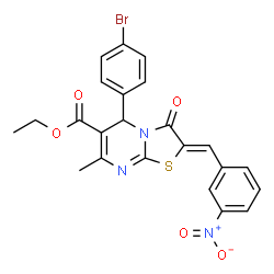 ChemSpider 2D Image | Ethyl (2Z)-5-(4-bromophenyl)-7-methyl-2-(3-nitrobenzylidene)-3-oxo-2,3-dihydro-5H-[1,3]thiazolo[3,2-a]pyrimidine-6-carboxylate | C23H18BrN3O5S