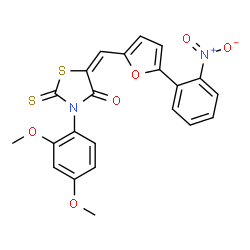 ChemSpider 2D Image | (5E)-3-(2,4-Dimethoxyphenyl)-5-{[5-(2-nitrophenyl)-2-furyl]methylene}-2-thioxo-1,3-thiazolidin-4-one | C22H16N2O6S2