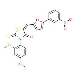 ChemSpider 2D Image | (5E)-3-(2,4-Dimethoxyphenyl)-5-{[5-(3-nitrophenyl)-2-furyl]methylene}-2-thioxo-1,3-thiazolidin-4-one | C22H16N2O6S2