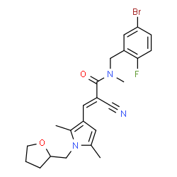 ChemSpider 2D Image | (2E)-N-(5-Bromo-2-fluorobenzyl)-2-cyano-3-[2,5-dimethyl-1-(tetrahydro-2-furanylmethyl)-1H-pyrrol-3-yl]-N-methylacrylamide | C23H25BrFN3O2