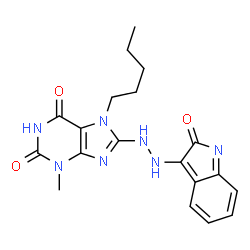 ChemSpider 2D Image | 3-Methyl-8-[2-(2-oxo-2H-indol-3-yl)hydrazino]-7-pentyl-3,7-dihydro-1H-purine-2,6-dione | C19H21N7O3