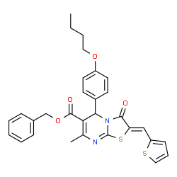 ChemSpider 2D Image | Benzyl (2Z)-5-(4-butoxyphenyl)-7-methyl-3-oxo-2-(2-thienylmethylene)-2,3-dihydro-5H-[1,3]thiazolo[3,2-a]pyrimidine-6-carboxylate | C30H28N2O4S2