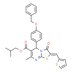 ChemSpider 2D Image | Isobutyl (2Z)-5-[4-(benzyloxy)phenyl]-7-methyl-3-oxo-2-(2-thienylmethylene)-2,3-dihydro-5H-[1,3]thiazolo[3,2-a]pyrimidine-6-carboxylate | C30H28N2O4S2