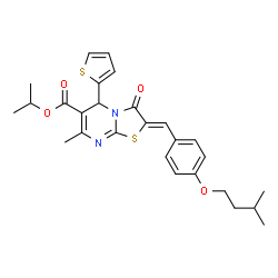 ChemSpider 2D Image | Isopropyl (2Z)-7-methyl-2-[4-(3-methylbutoxy)benzylidene]-3-oxo-5-(2-thienyl)-2,3-dihydro-5H-[1,3]thiazolo[3,2-a]pyrimidine-6-carboxylate | C27H30N2O4S2