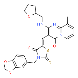 ChemSpider 2D Image | 3-{(Z)-[3-(1,3-Benzodioxol-5-ylmethyl)-4-oxo-2-thioxo-1,3-thiazolidin-5-ylidene]methyl}-9-methyl-2-[(tetrahydro-2-furanylmethyl)amino]-4H-pyrido[1,2-a]pyrimidin-4-one | C26H24N4O5S2