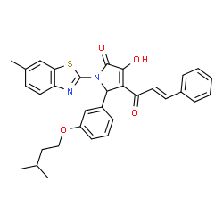 ChemSpider 2D Image | 3-Hydroxy-1-(6-methyl-1,3-benzothiazol-2-yl)-5-[3-(3-methylbutoxy)phenyl]-4-[(2E)-3-phenyl-2-propenoyl]-1,5-dihydro-2H-pyrrol-2-one | C32H30N2O4S