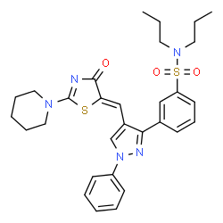 ChemSpider 2D Image | 3-(4-{(Z)-[4-Oxo-2-(1-piperidinyl)-1,3-thiazol-5(4H)-ylidene]methyl}-1-phenyl-1H-pyrazol-3-yl)-N,N-dipropylbenzenesulfonamide | C30H35N5O3S2