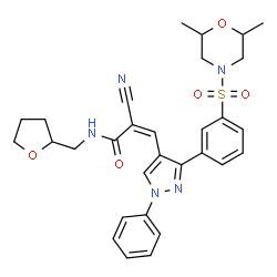 ChemSpider 2D Image | (2Z)-2-Cyano-3-(3-{3-[(2,6-dimethyl-4-morpholinyl)sulfonyl]phenyl}-1-phenyl-1H-pyrazol-4-yl)-N-(tetrahydro-2-furanylmethyl)acrylamide | C30H33N5O5S