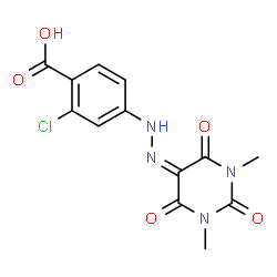 ChemSpider 2D Image | 2-Chloro-4-[2-(1,3-dimethyl-2,4,6-trioxotetrahydro-5(2H)-pyrimidinylidene)hydrazino]benzoic acid | C13H11ClN4O5