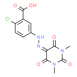 ChemSpider 2D Image | 2-Chloro-5-[2-(1,3-dimethyl-2,4,6-trioxotetrahydro-5(2H)-pyrimidinylidene)hydrazino]benzoic acid | C13H11ClN4O5