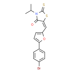 ChemSpider 2D Image | (5E)-5-{[5-(4-Bromophenyl)-2-furyl]methylene}-3-isopropyl-2-thioxo-1,3-thiazolidin-4-one | C17H14BrNO2S2