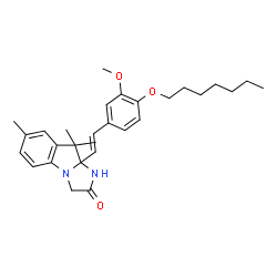 ChemSpider 2D Image | 9a-{(E)-2-[4-(Heptyloxy)-3-methoxyphenyl]vinyl}-7,9,9-trimethyl-9,9a-dihydro-1H-imidazo[1,2-a]indol-2(3H)-one | C29H38N2O3