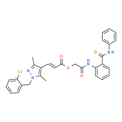 ChemSpider 2D Image | 2-Oxo-2-{[2-(phenylcarbamoyl)phenyl]amino}ethyl (2E)-3-[1-(2-chlorobenzyl)-3,5-dimethyl-1H-pyrazol-4-yl]acrylate | C30H27ClN4O4
