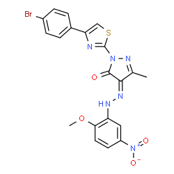 ChemSpider 2D Image | (4Z)-2-[4-(4-Bromophenyl)-1,3-thiazol-2-yl]-4-[(2-methoxy-5-nitrophenyl)hydrazono]-5-methyl-2,4-dihydro-3H-pyrazol-3-one | C20H15BrN6O4S