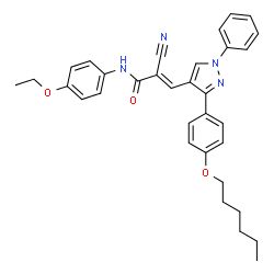 ChemSpider 2D Image | (2E)-2-Cyano-N-(4-ethoxyphenyl)-3-{3-[4-(hexyloxy)phenyl]-1-phenyl-1H-pyrazol-4-yl}acrylamide | C33H34N4O3
