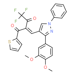 ChemSpider 2D Image | (2E)-2-{[3-(3,4-Dimethoxyphenyl)-1-phenyl-1H-pyrazol-4-yl]methylene}-4,4,4-trifluoro-1-(2-thienyl)-1,3-butanedione | C26H19F3N2O4S