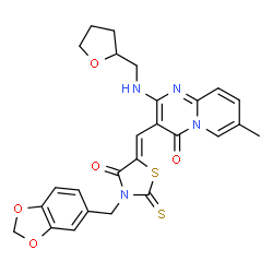 ChemSpider 2D Image | 3-{(Z)-[3-(1,3-Benzodioxol-5-ylmethyl)-4-oxo-2-thioxo-1,3-thiazolidin-5-ylidene]methyl}-7-methyl-2-[(tetrahydro-2-furanylmethyl)amino]-4H-pyrido[1,2-a]pyrimidin-4-one | C26H24N4O5S2