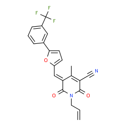 ChemSpider 2D Image | (5E)-1-Allyl-4-methyl-2,6-dioxo-5-({5-[3-(trifluoromethyl)phenyl]-2-furyl}methylene)-1,2,5,6-tetrahydro-3-pyridinecarbonitrile | C22H15F3N2O3