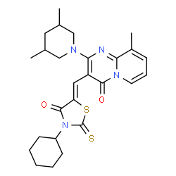 ChemSpider 2D Image | 3-[(Z)-(3-Cyclohexyl-4-oxo-2-thioxo-1,3-thiazolidin-5-ylidene)methyl]-2-(3,5-dimethyl-1-piperidinyl)-9-methyl-4H-pyrido[1,2-a]pyrimidin-4-one | C26H32N4O2S2