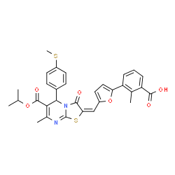 ChemSpider 2D Image | 3-(5-{(E)-[6-(Isopropoxycarbonyl)-7-methyl-5-[4-(methylsulfanyl)phenyl]-3-oxo-5H-[1,3]thiazolo[3,2-a]pyrimidin-2(3H)-ylidene]methyl}-2-furyl)-2-methylbenzoic acid | C31H28N2O6S2
