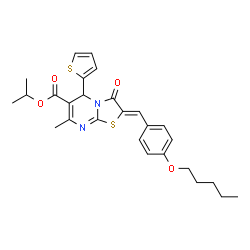ChemSpider 2D Image | Isopropyl (2Z)-7-methyl-3-oxo-2-[4-(pentyloxy)benzylidene]-5-(2-thienyl)-2,3-dihydro-5H-[1,3]thiazolo[3,2-a]pyrimidine-6-carboxylate | C27H30N2O4S2