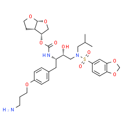 ChemSpider 2D Image | (3R,3aS,6aR)-Hexahydrofuro[2,3-b]furan-3-yl {(2S,3R)-1-[4-(3-aminopropoxy)phenyl]-4-[(1,3-benzodioxol-5-ylsulfonyl)(isobutyl)amino]-3-hydroxy-2-butanyl}carbamate | C31H43N3O10S