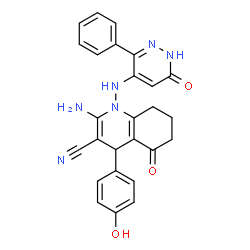 ChemSpider 2D Image | 2-Amino-4-(4-hydroxyphenyl)-5-oxo-1-[(6-oxo-3-phenyl-1,6-dihydro-4-pyridazinyl)amino]-1,4,5,6,7,8-hexahydro-3-quinolinecarbonitrile | C26H22N6O3