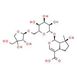 ChemSpider 2D Image | (1S,4aS,7S,7aS)-1-({6-O-[(2R,3R)-3,4-Dihydroxy-4-(hydroxymethyl)tetrahydro-2-furanyl]-beta-D-allopyranosyl}oxy)-7-hydroxy-7-methyl-1,4a,5,6,7,7a-hexahydrocyclopenta[c]pyran-4-carboxylic acid | C21H32O14