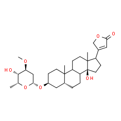 ChemSpider 2D Image | (3beta,5beta,8xi,9xi,10xi,13xi,17xi)-3-[(2,6-Dideoxy-3-O-methyl-beta-D-xylo-hexopyranosyl)oxy]-14-hydroxycard-20(22)-enolide | C30H46O7