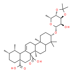 ChemSpider 2D Image | (3beta,5xi,9xi,14beta,18xi,20beta)-3-[(6-Deoxy-3,4-O-isopropylidene-beta-D-gulopyranosyl)oxy]urs-12-ene-27,28-dioic acid | C39H60O9
