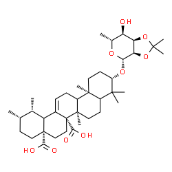 ChemSpider 2D Image | (3beta,5xi,9xi,14beta,18xi,20beta)-3-[(6-Deoxy-2,3-O-isopropylidene-beta-D-allopyranosyl)oxy]urs-12-ene-27,28-dioic acid | C39H60O9