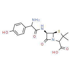 ChemSpider 2D Image | (5R,6R)-6-{[Amino(4-hydroxyphenyl)acetyl]amino}-3,3-dimethyl-7-oxo-4-thia-1-azabicyclo[3.2.0]heptane-2-carboxylic acid | C16H19N3O5S