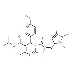 ChemSpider 2D Image | Isopropyl (2E)-7-methyl-5-[4-(methylsulfanyl)phenyl]-3-oxo-2-[(1,2,5-trimethyl-1H-pyrrol-3-yl)methylene]-2,3-dihydro-5H-[1,3]thiazolo[3,2-a]pyrimidine-6-carboxylate | C26H29N3O3S2