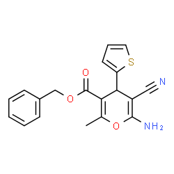 ChemSpider 2D Image | Benzyl 6-amino-5-cyano-2-methyl-4-(2-thienyl)-4H-pyran-3-carboxylate | C19H16N2O3S