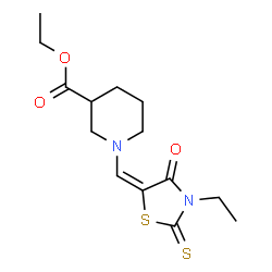 ChemSpider 2D Image | Ethyl 1-[(E)-(3-ethyl-4-oxo-2-thioxo-1,3-thiazolidin-5-ylidene)methyl]-3-piperidinecarboxylate | C14H20N2O3S2