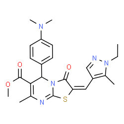 ChemSpider 2D Image | Methyl (2E)-5-[4-(dimethylamino)phenyl]-2-[(1-ethyl-5-methyl-1H-pyrazol-4-yl)methylene]-7-methyl-3-oxo-2,3-dihydro-5H-[1,3]thiazolo[3,2-a]pyrimidine-6-carboxylate | C24H27N5O3S
